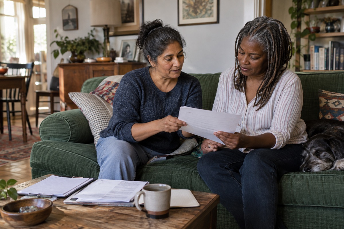 Two women review papers together on a couch, with a notebook on the table.