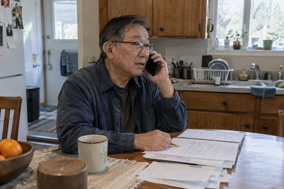 A man makes a phone call with a notebook in front of him.