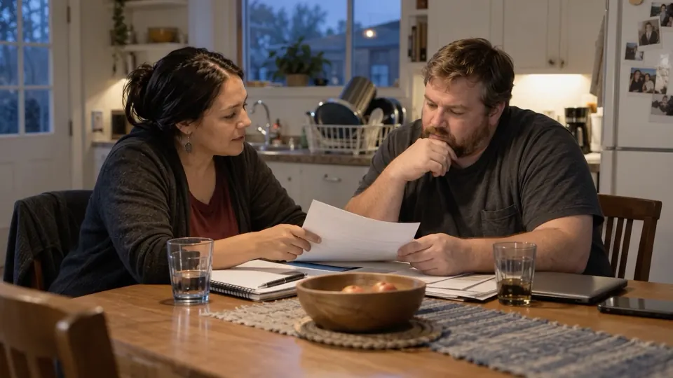 Two adults review paperwork together at their kitchen table.