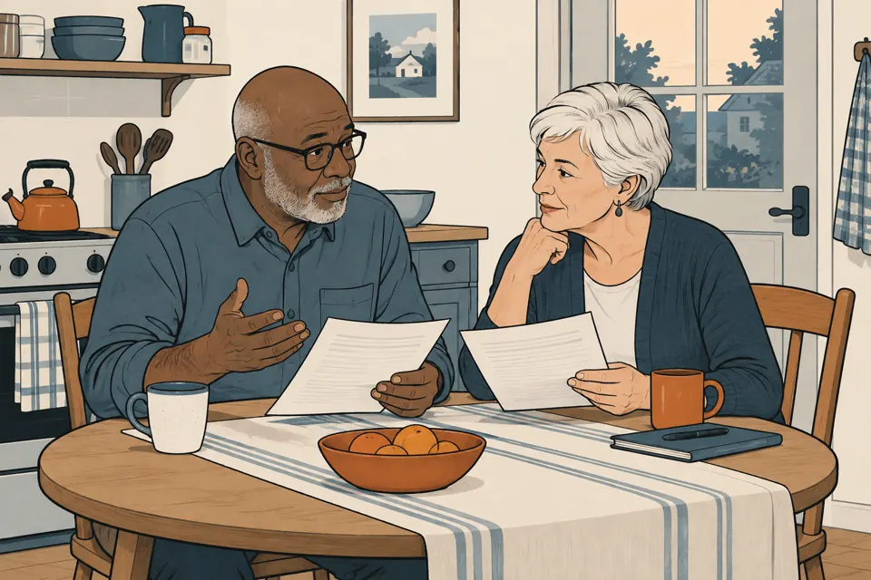 Two older adults discuss a paper at a kitchen table.