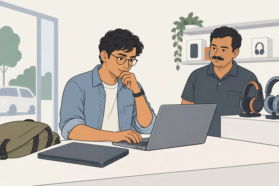 Two adults look at a laptop at a store counter.