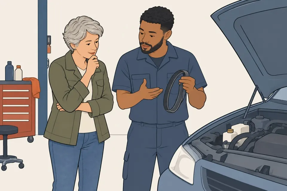 A mechanic shows a driver a worn belt beside an open car hood.
