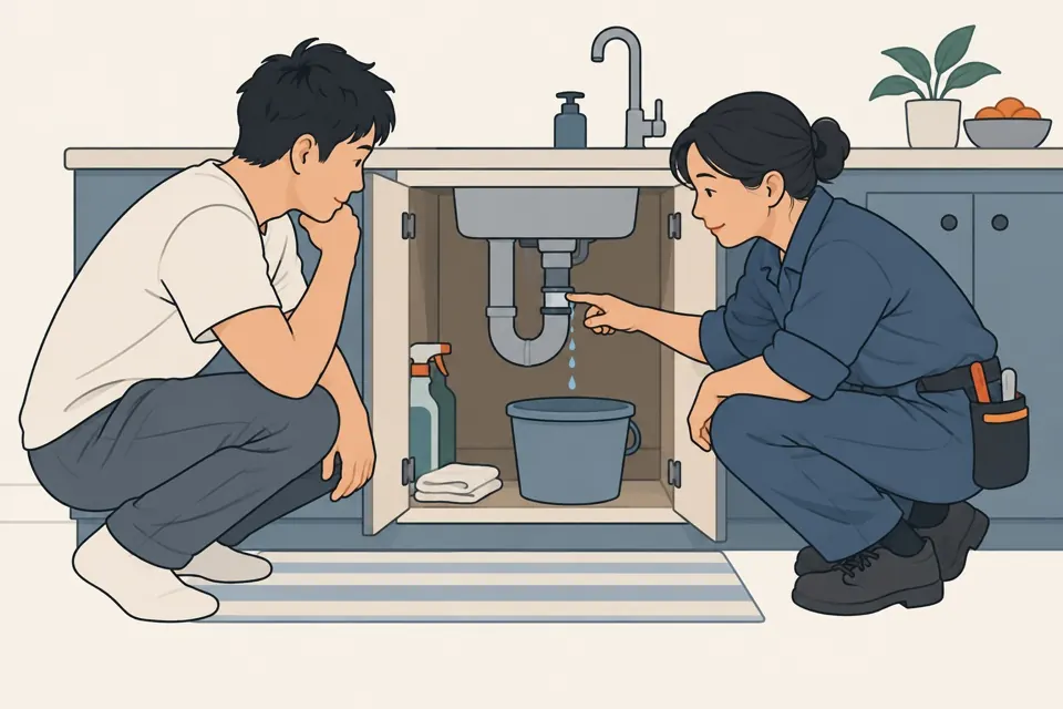 A homeowner and plumber look at a leak beneath a kitchen sink.