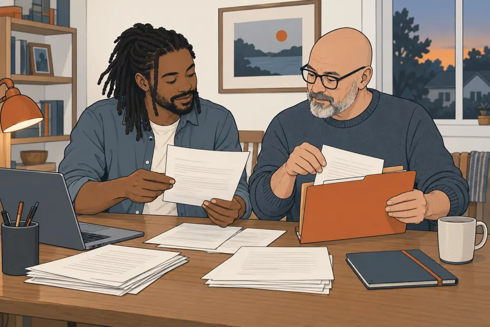 Two adults sort papers together.