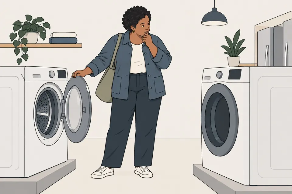 A woman compares two washing machines in an appliance store.