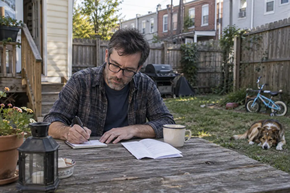 A man writes notes at a table in a backyard.