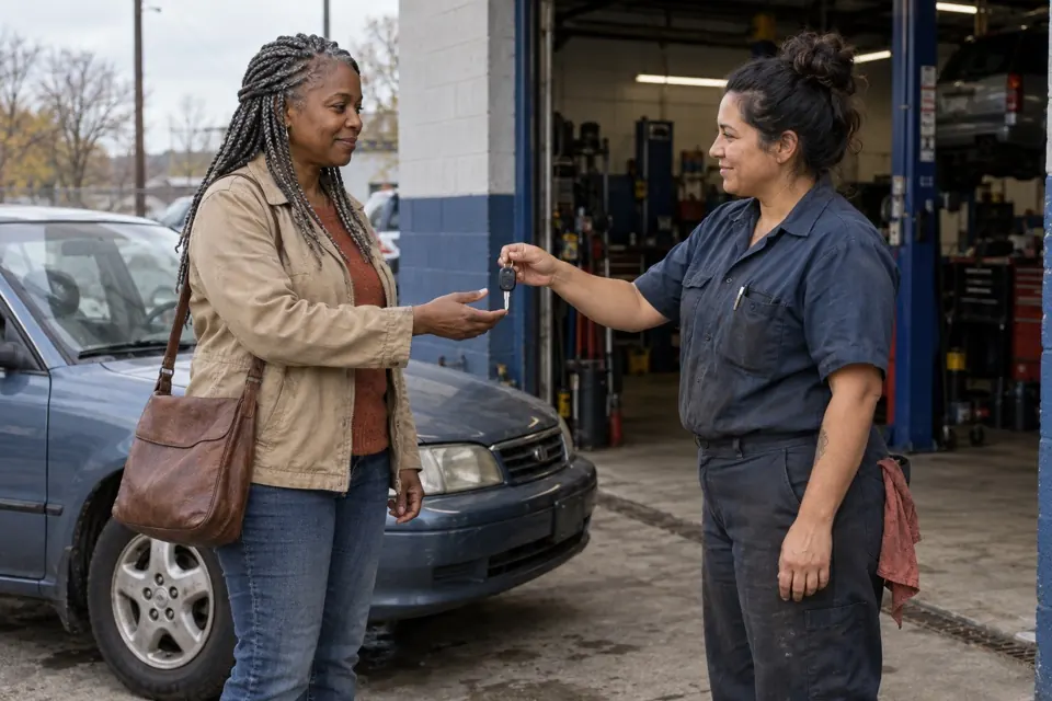 A driver receives car keys from a mechanic outside a repair shop.