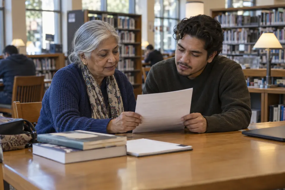 Two adults review a page together at a library table.
