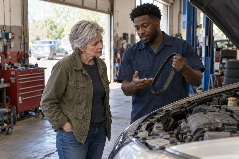 A mechanic shows a driver a worn belt beside an open car hood.