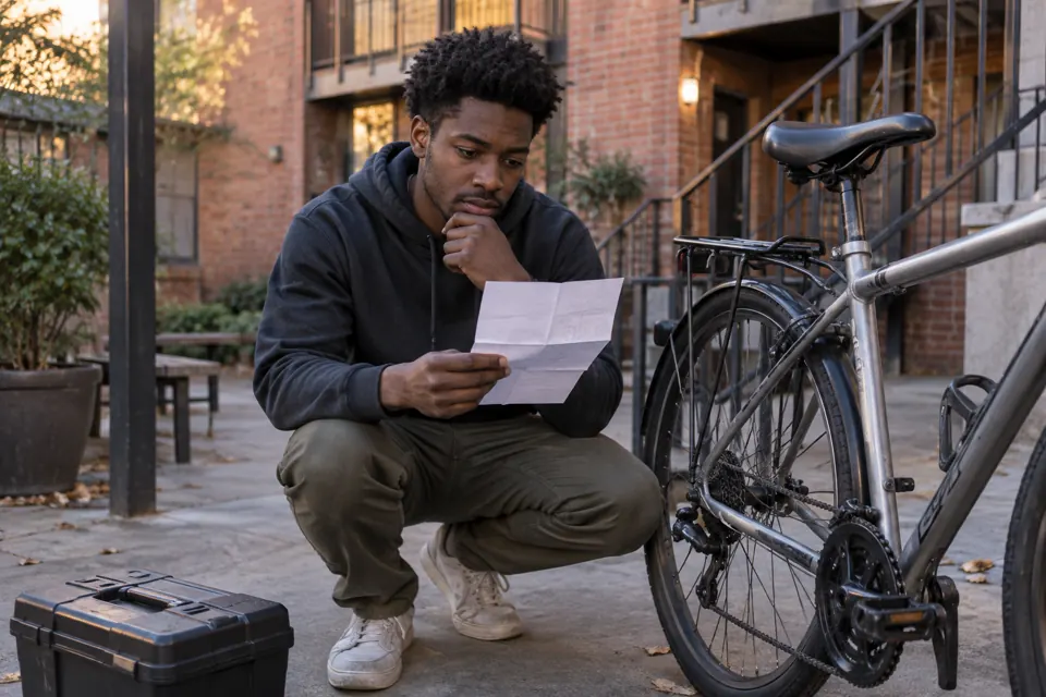 A man reviews a paper beside a bicycle and repair tools.
