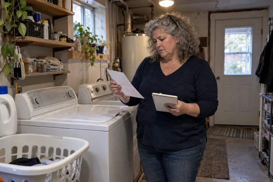 A woman compares two papers beside a washing machine.