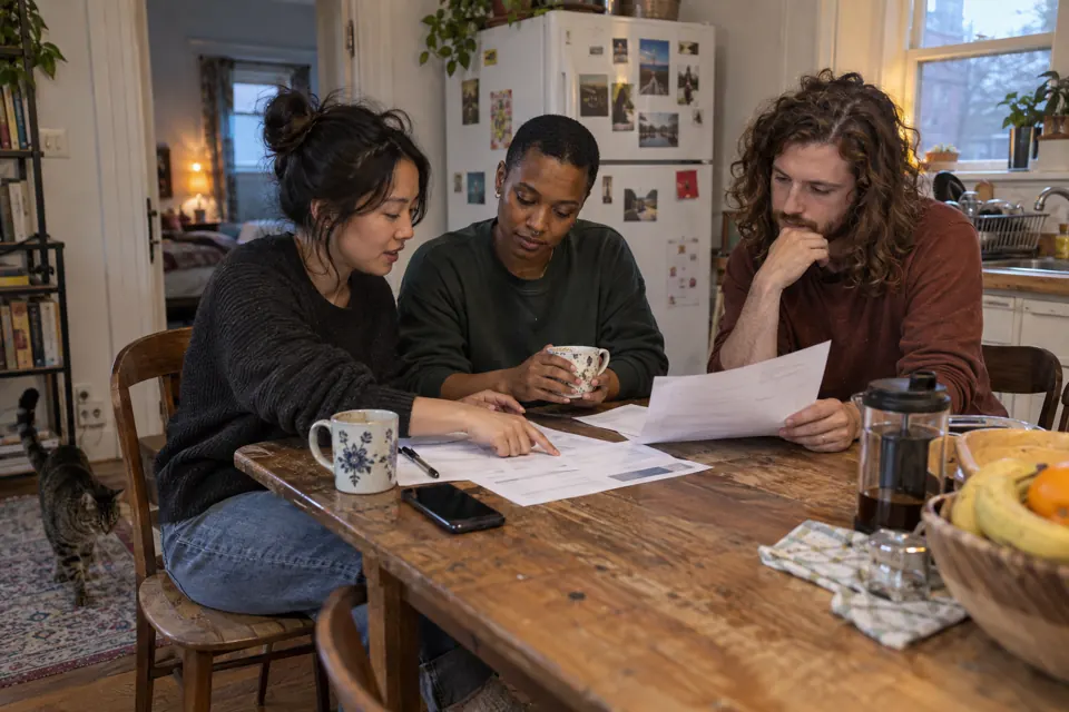 Three adults review papers together at a kitchen table.
