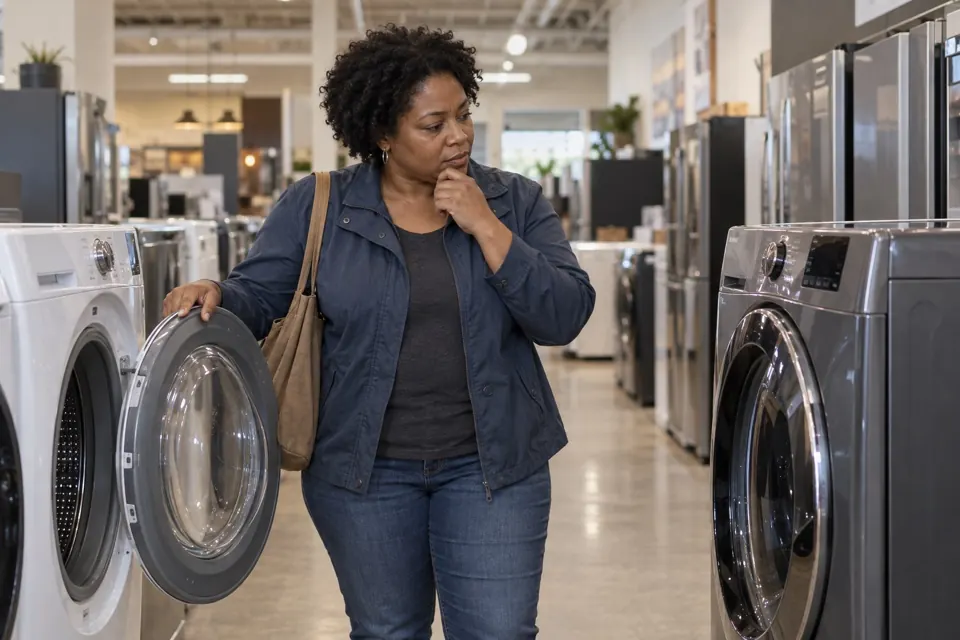 A woman compares two washing machines in an appliance store.